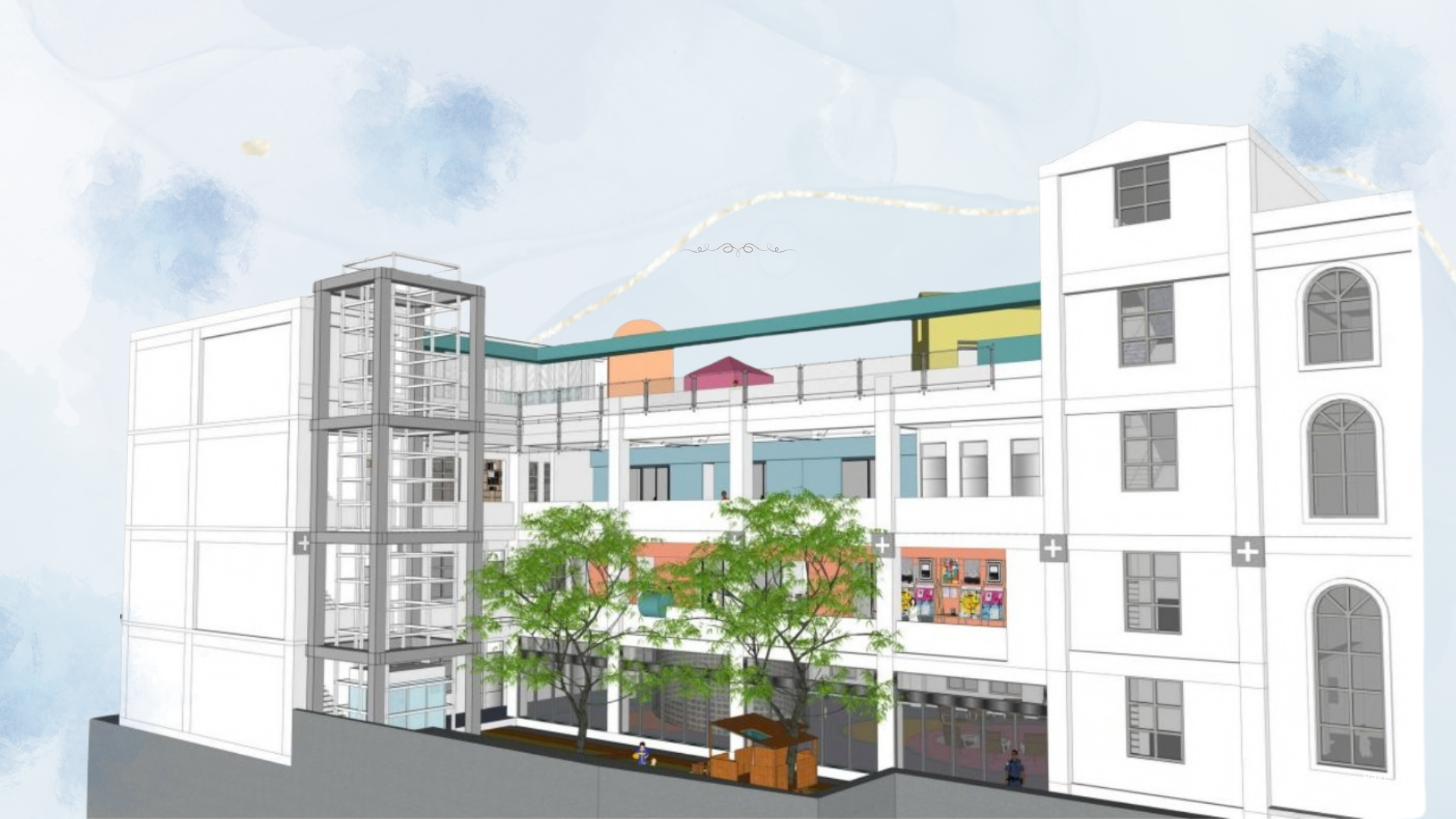 SPIA 校舍外觀規劃示意,白色校舍環繞中央庭院